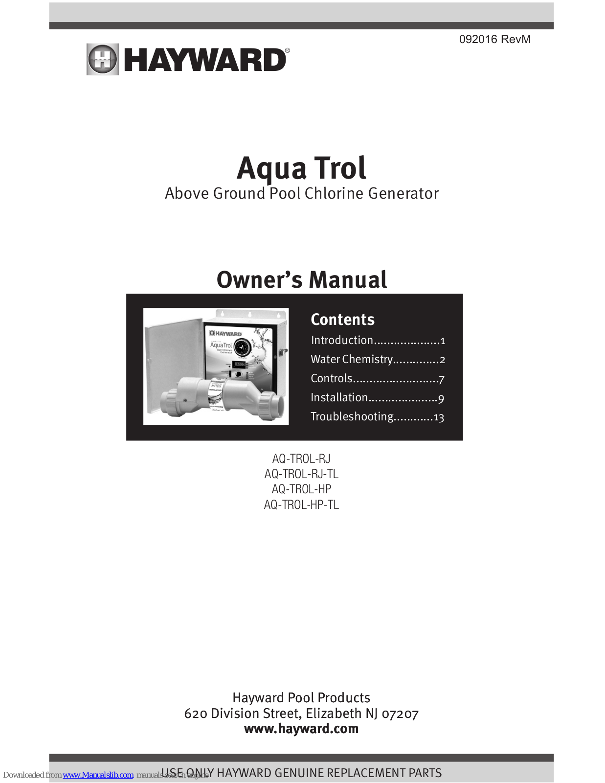 Hayward Aqua Trol AQ-TROL-HP-TL, Aqua Trol AQ-TROL-HP, Aqua Trol AQ-TROL-RJ, Aqua Trol AQ-TROL-RJ-TL Owner's Manual