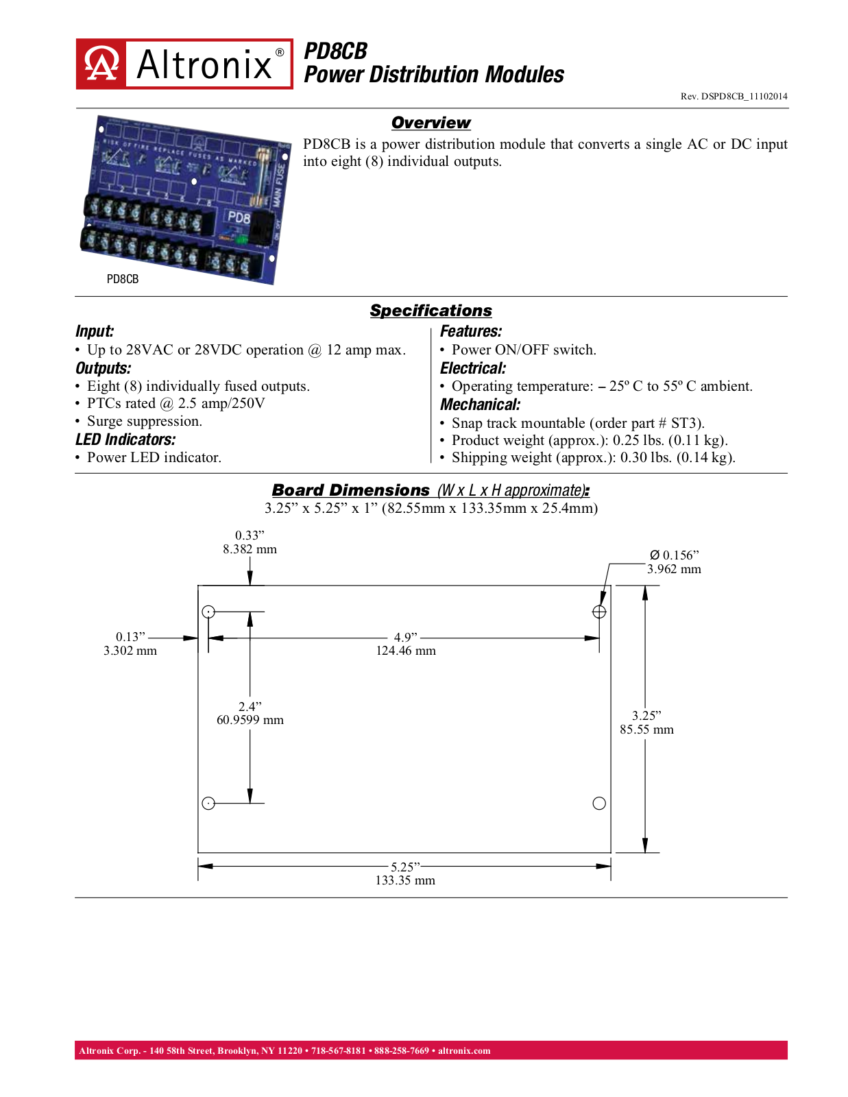 Altronix PD8CB Specsheet