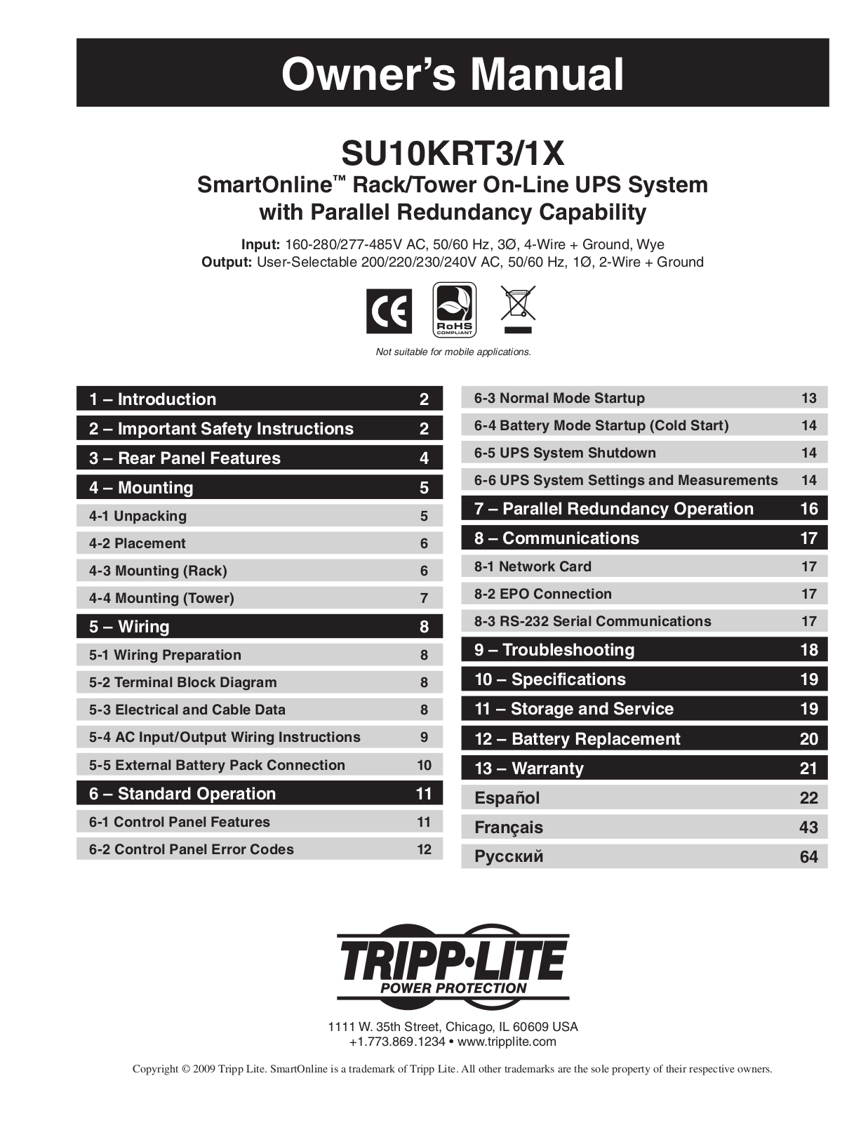 Tripp Lite SU10KRT3, SU10KRT1X User Manual