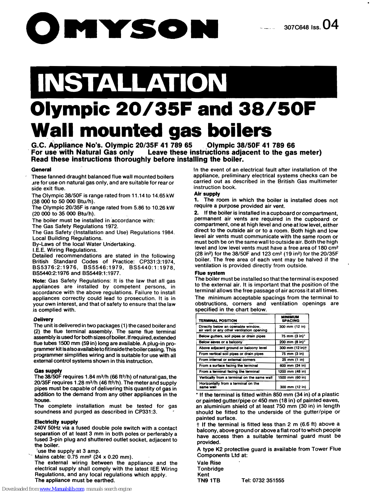 Omyson Olympic 20/35F, Olympic 38/50F Installation Manual