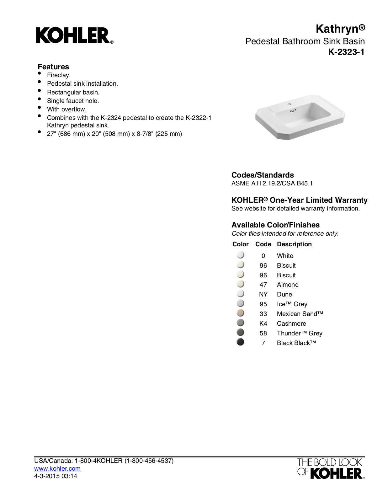 Kohler KOH18291 Dimensions - ManualMachine.com