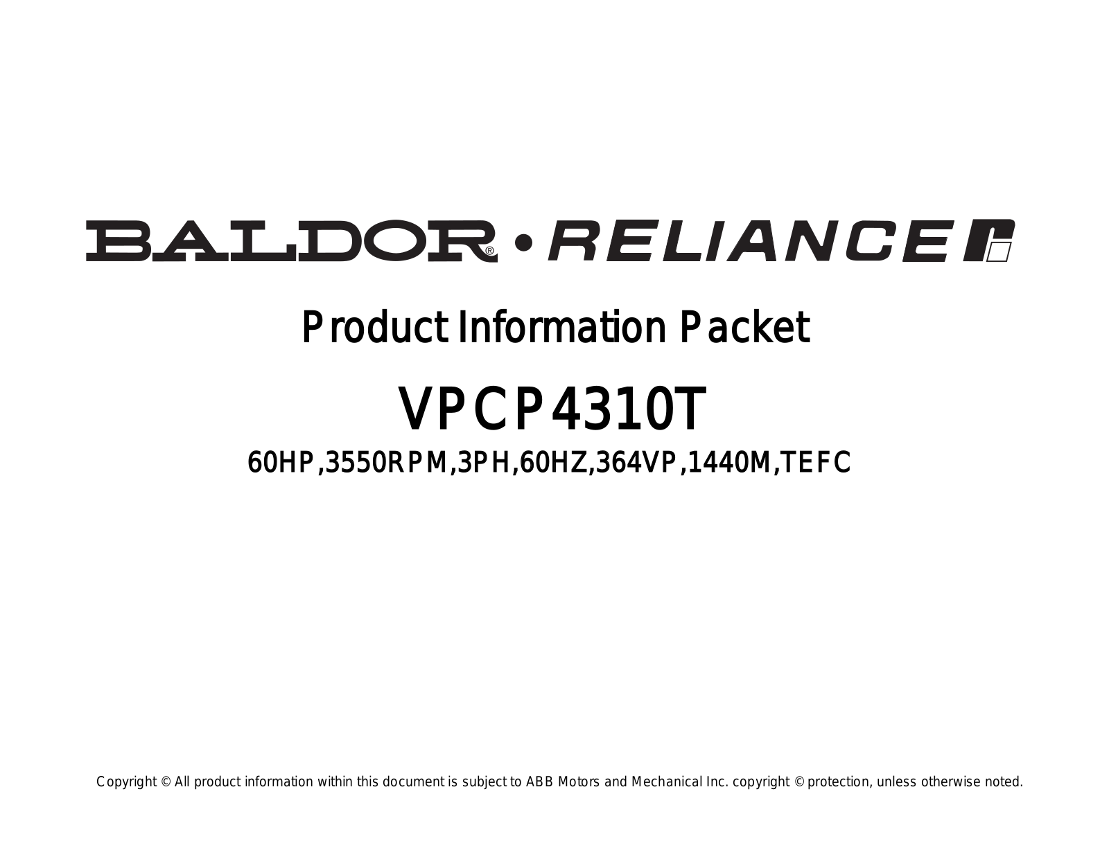 Baldor VPCP4310T Product Information Sheet