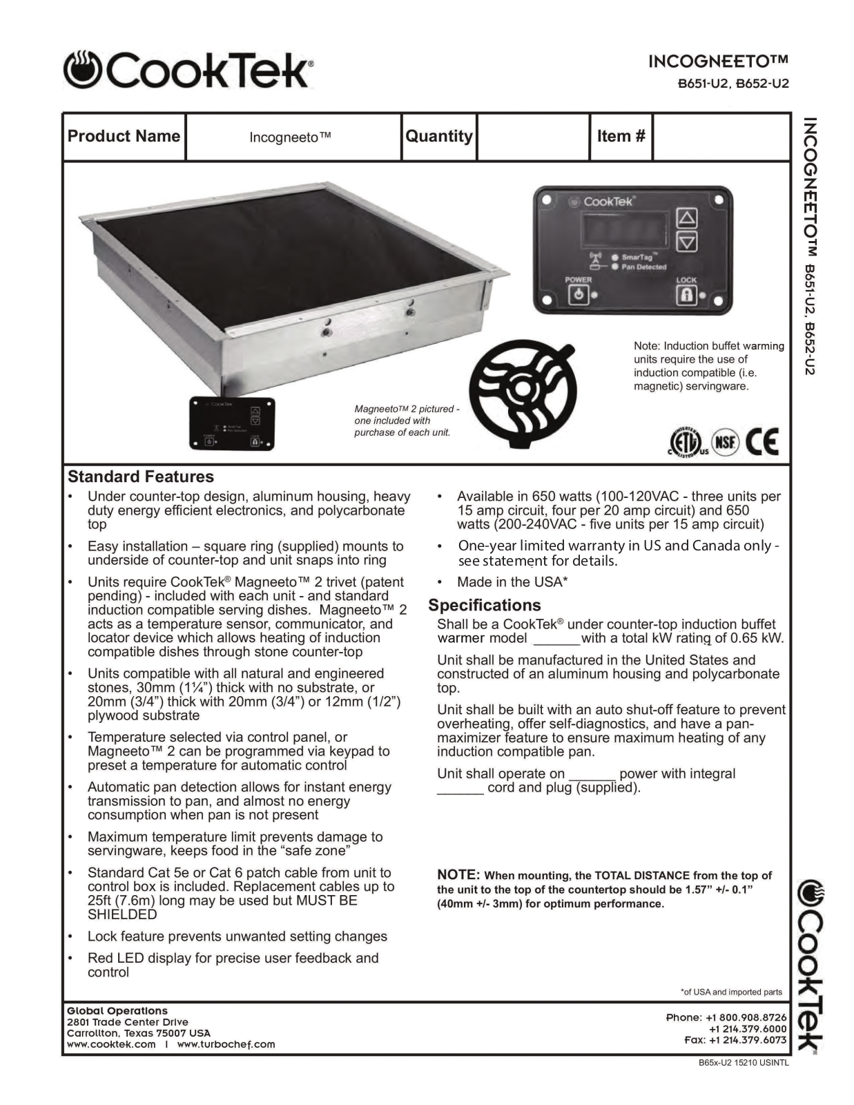 Cooktek B651-U2 User Manual