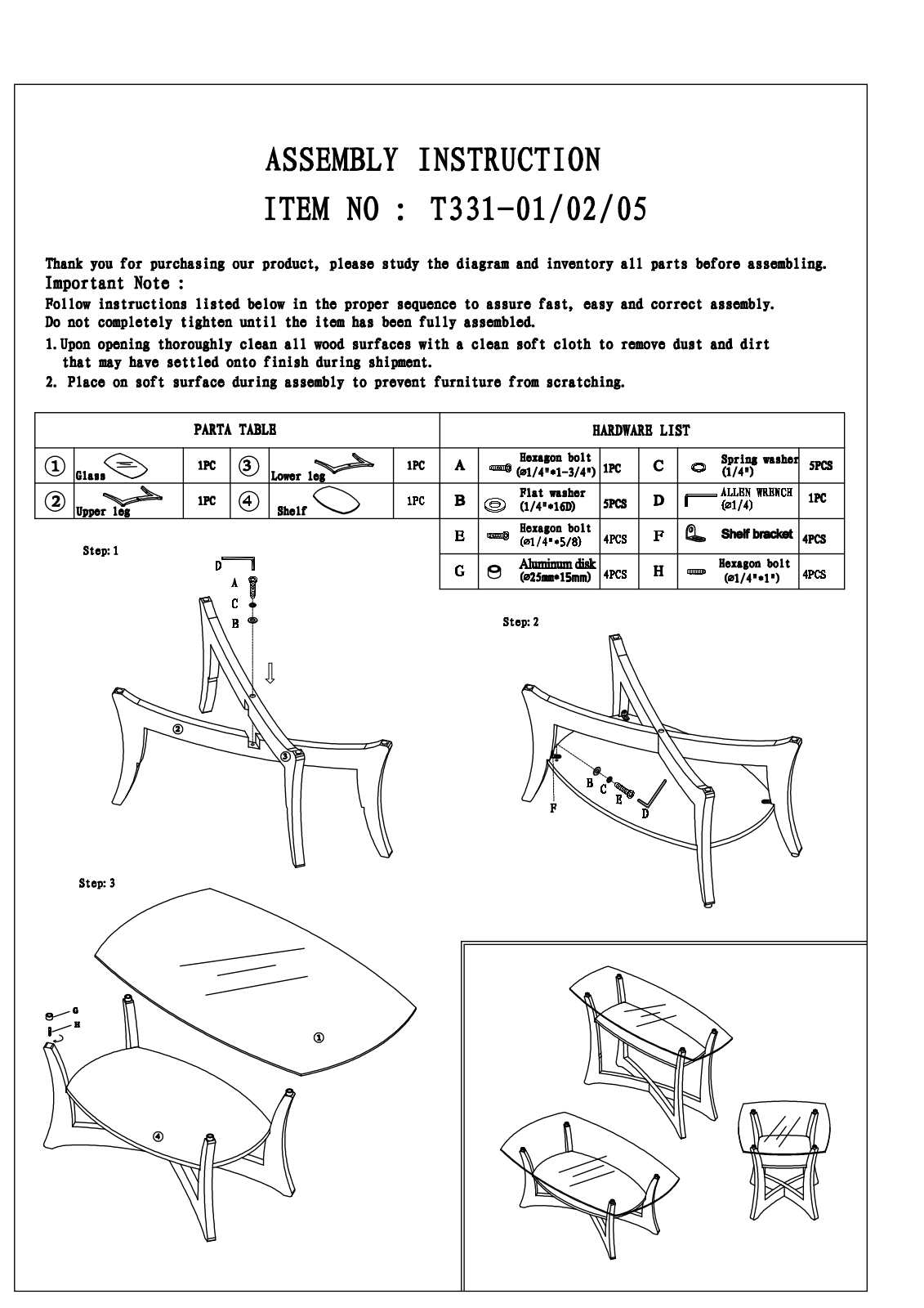 Progressive Furniture T33102, T33105 Assembly Guide