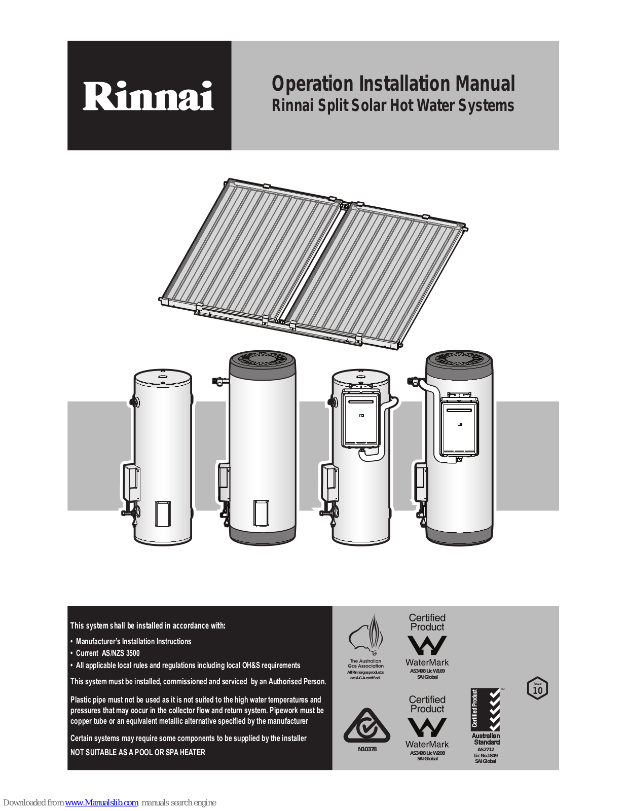 Rinnai Prestige, Equinox, Sunmaster Operation & Installation Manual