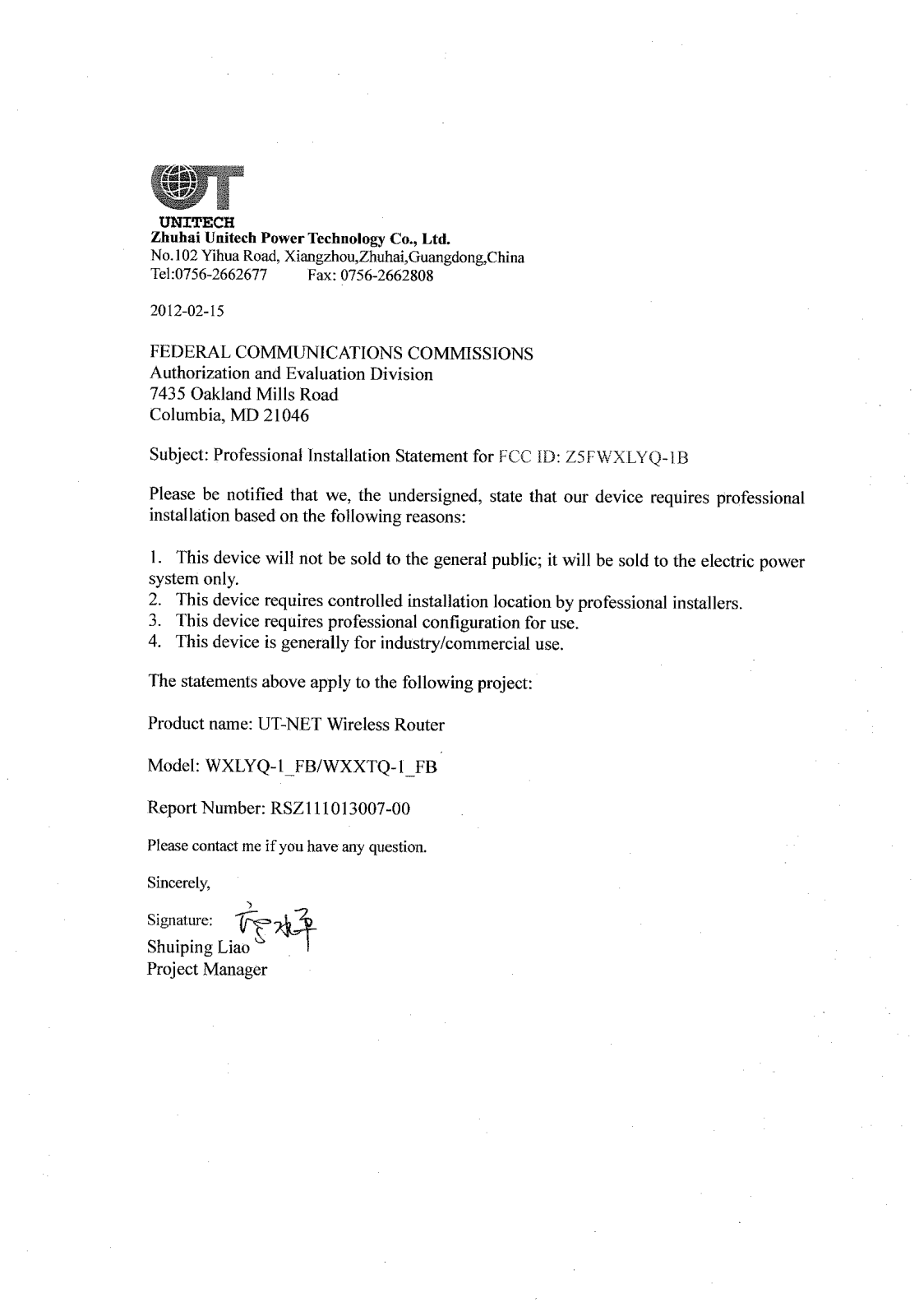 Zhuhai Unitech Power Technology WXLYQ-1B User Manual