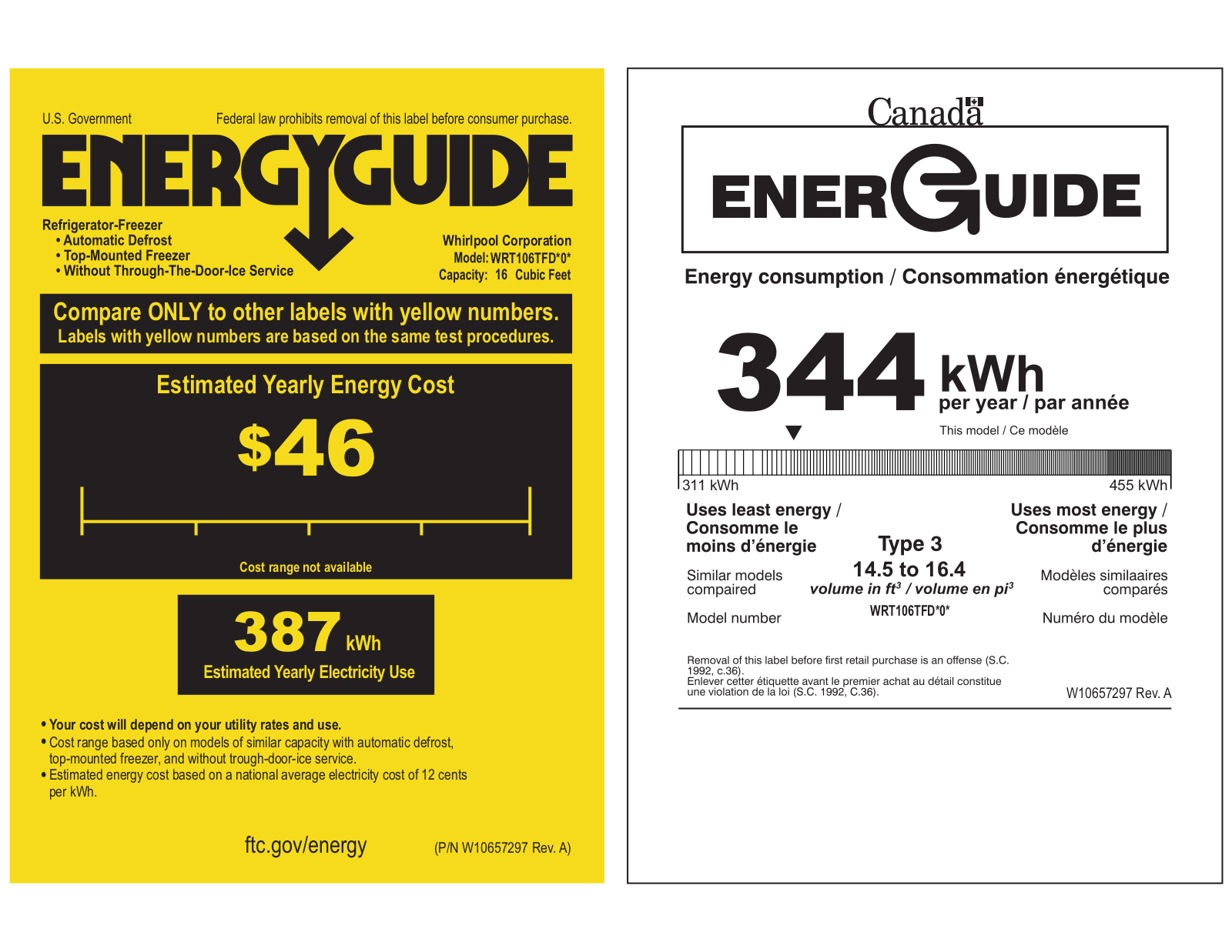 Whirlpool WRT106TFDB Energy Guide