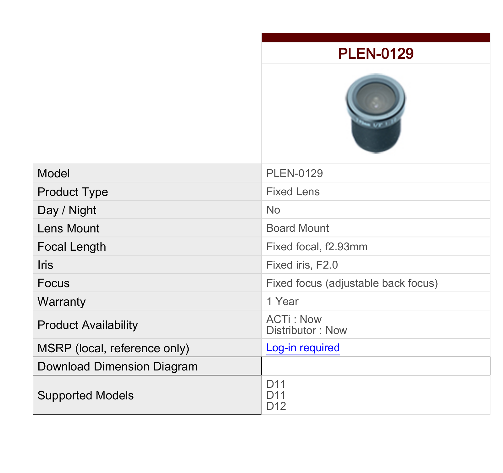 ACTi PLEN-0129 Specsheet