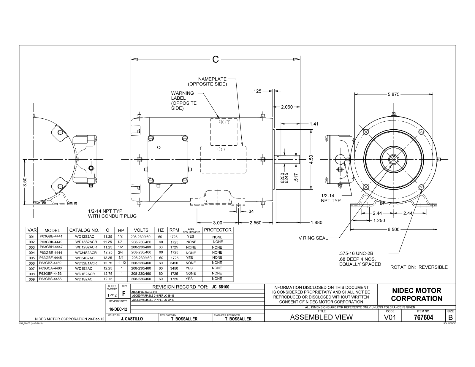 US Motors WD12S2AC, WD13S2ACR, WD12S2ACR, WD34S2ACR, WD34S2AC Dimensional Sheet