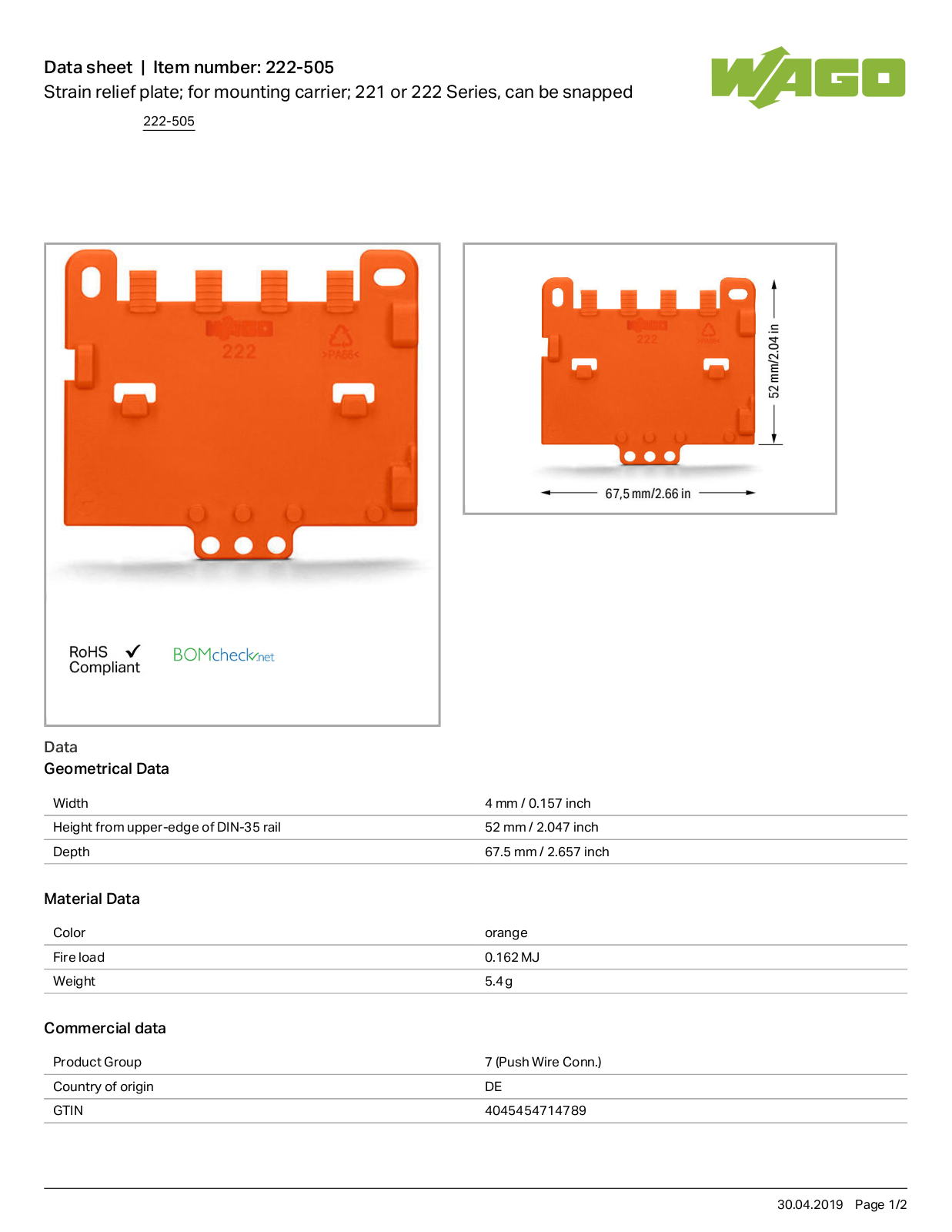 Wago 222-505 Data Sheet