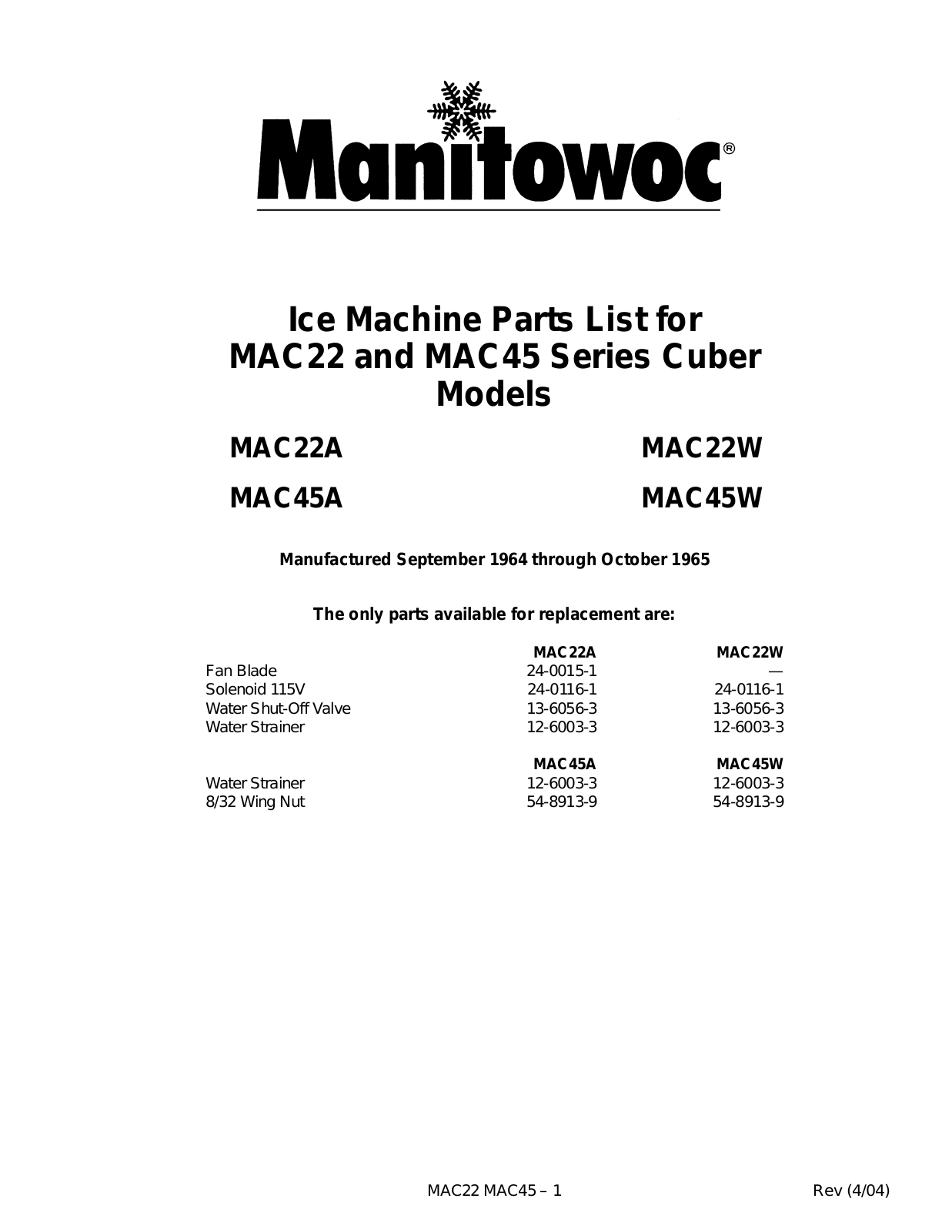 Manitowoc Ice MAC22W Parts List