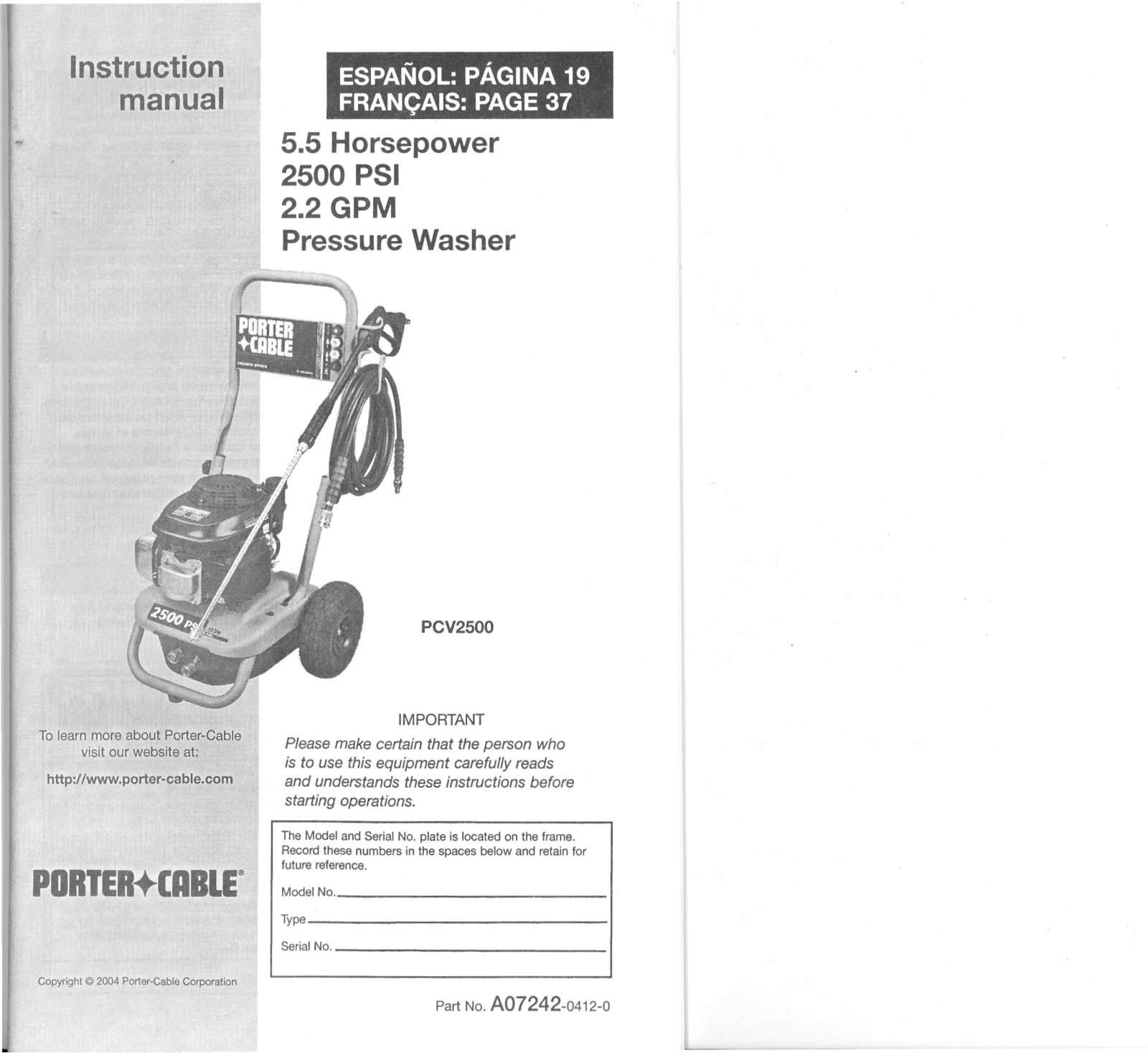 Porter cable PCV2500 User Manual