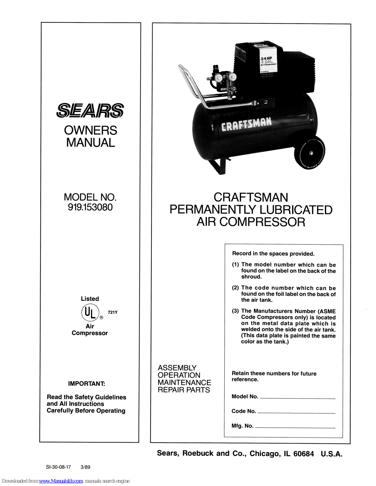 Sears Craftsman 919.153080 Owner's Manual