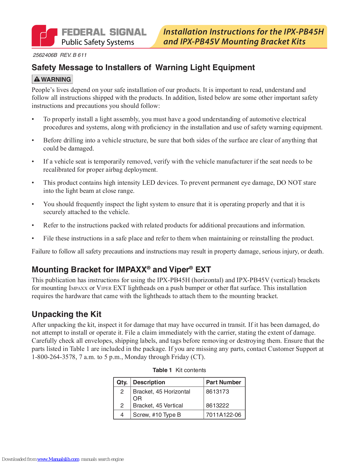 Federal Signal Corporation IPX-PB45H, IPX-PB45V Installation Instructions Manual