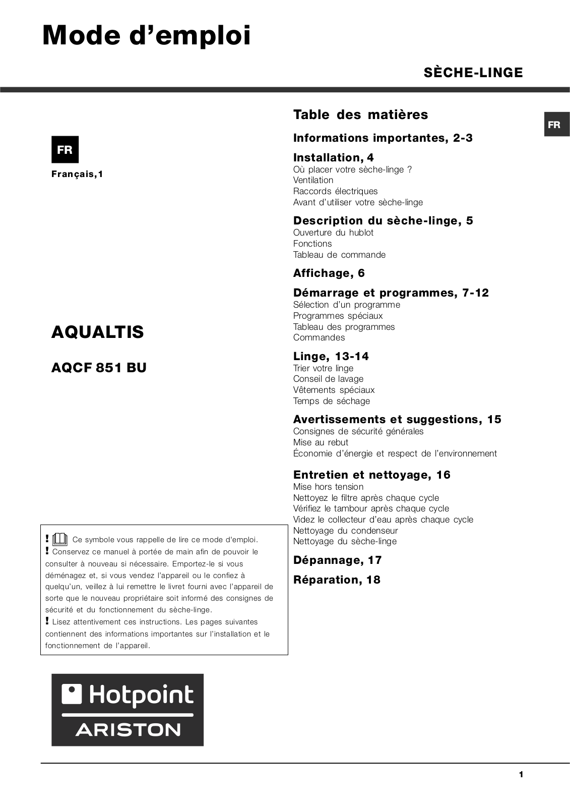 HOTPOINT/ARISTON AQCF 851 B U (FR) User Manual