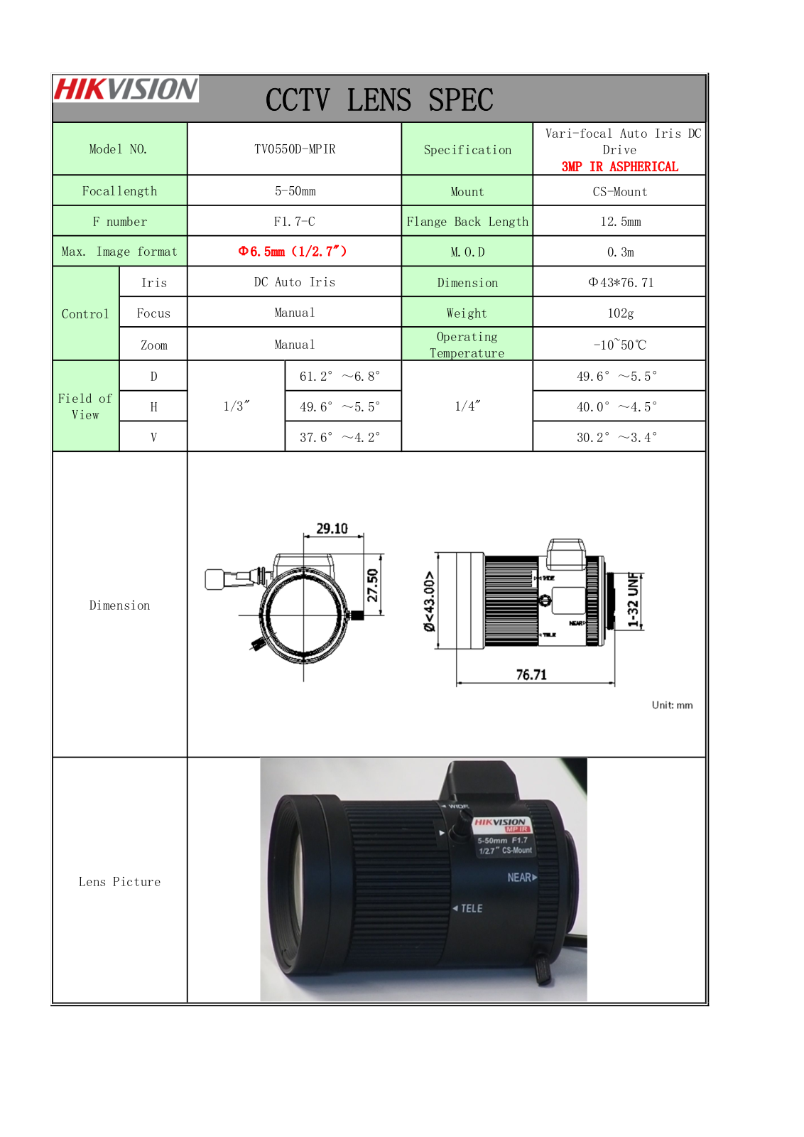 Hikvision TV0550D-MPIR Specsheet