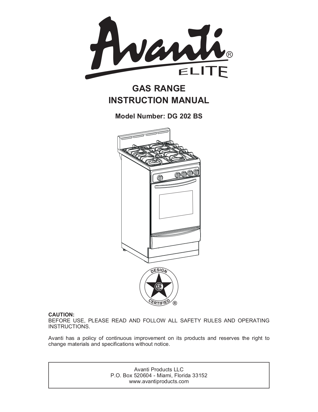 Avanti DG202BS User Manual