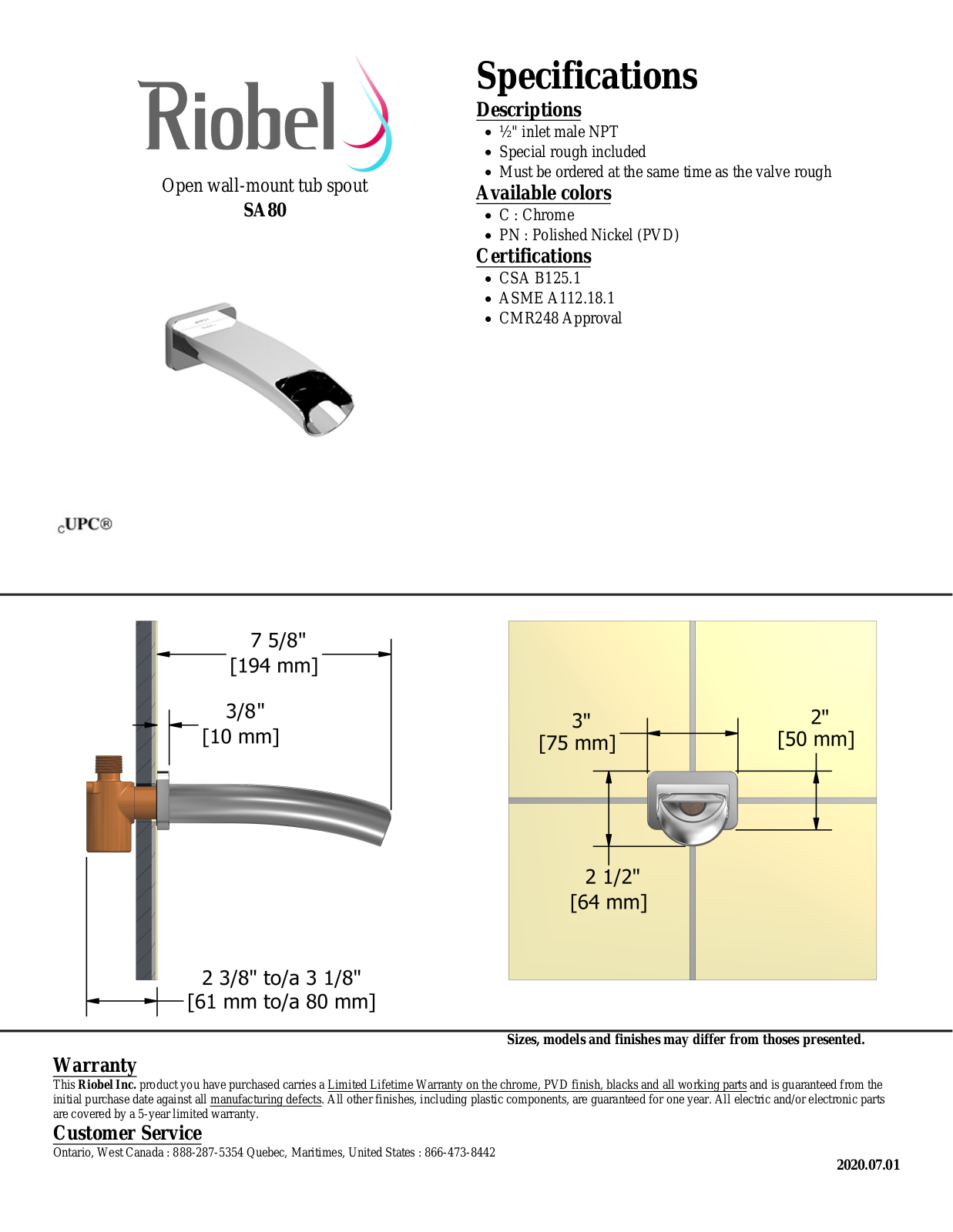 Riobel SA80C, SA80PN Specifications - ManualMachine.com