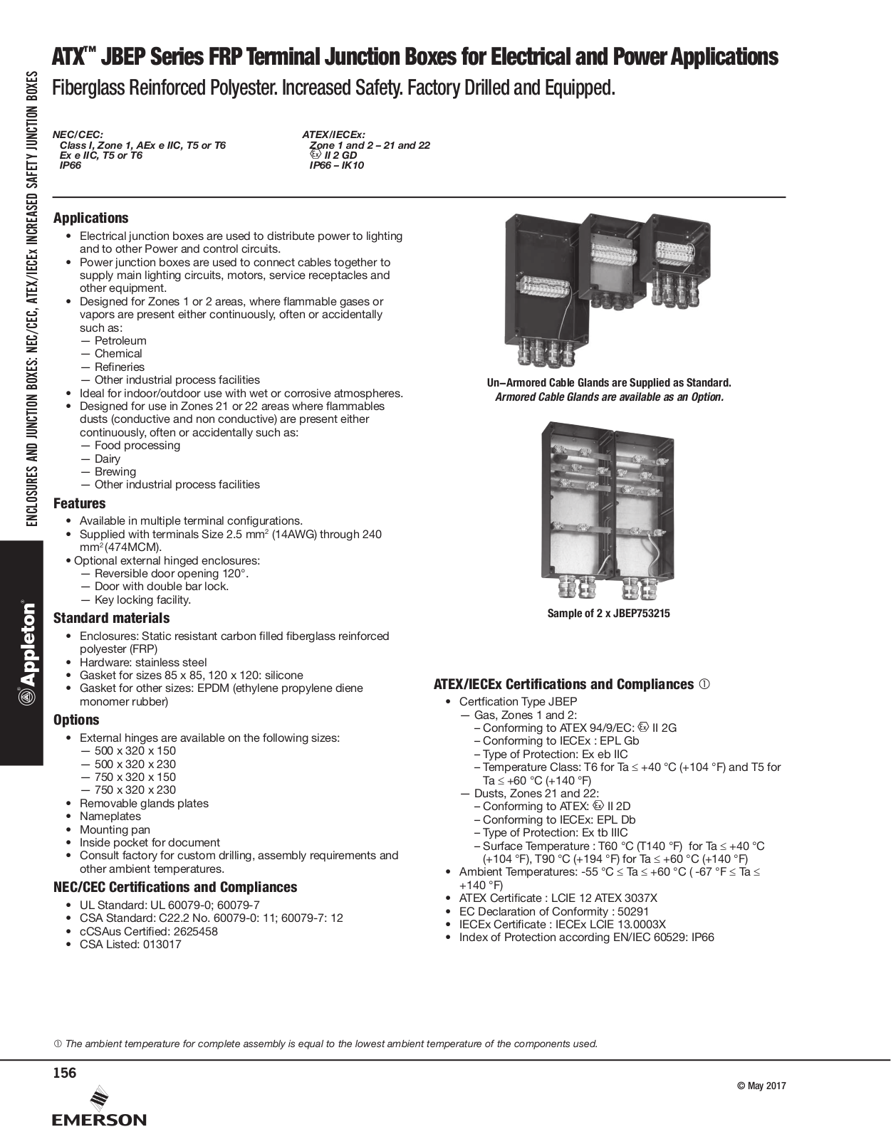 Appleton ATX™ JBEP Series FRP Terminal Junction Boxes for Electrical and Power Applications Catalog Page