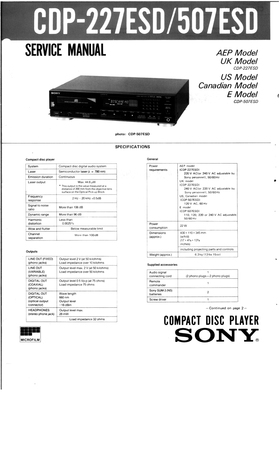 Sony CDP-227, CDP-507ESD Schematic