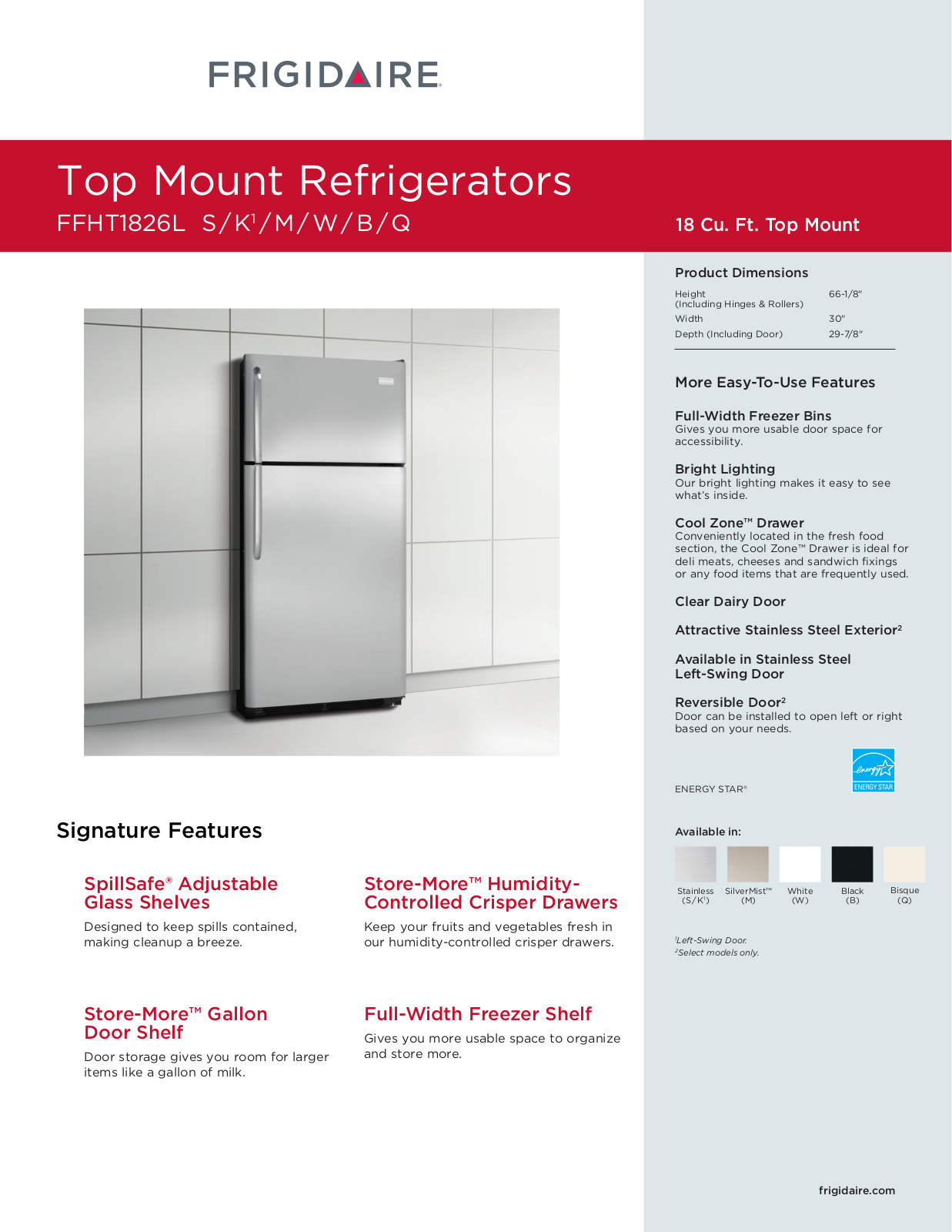 Frigidaire FFHT1826L Q, FFHT1826L W, FFHT1826L K, FFHT1826L M, FFHT1826L B DATASHEET