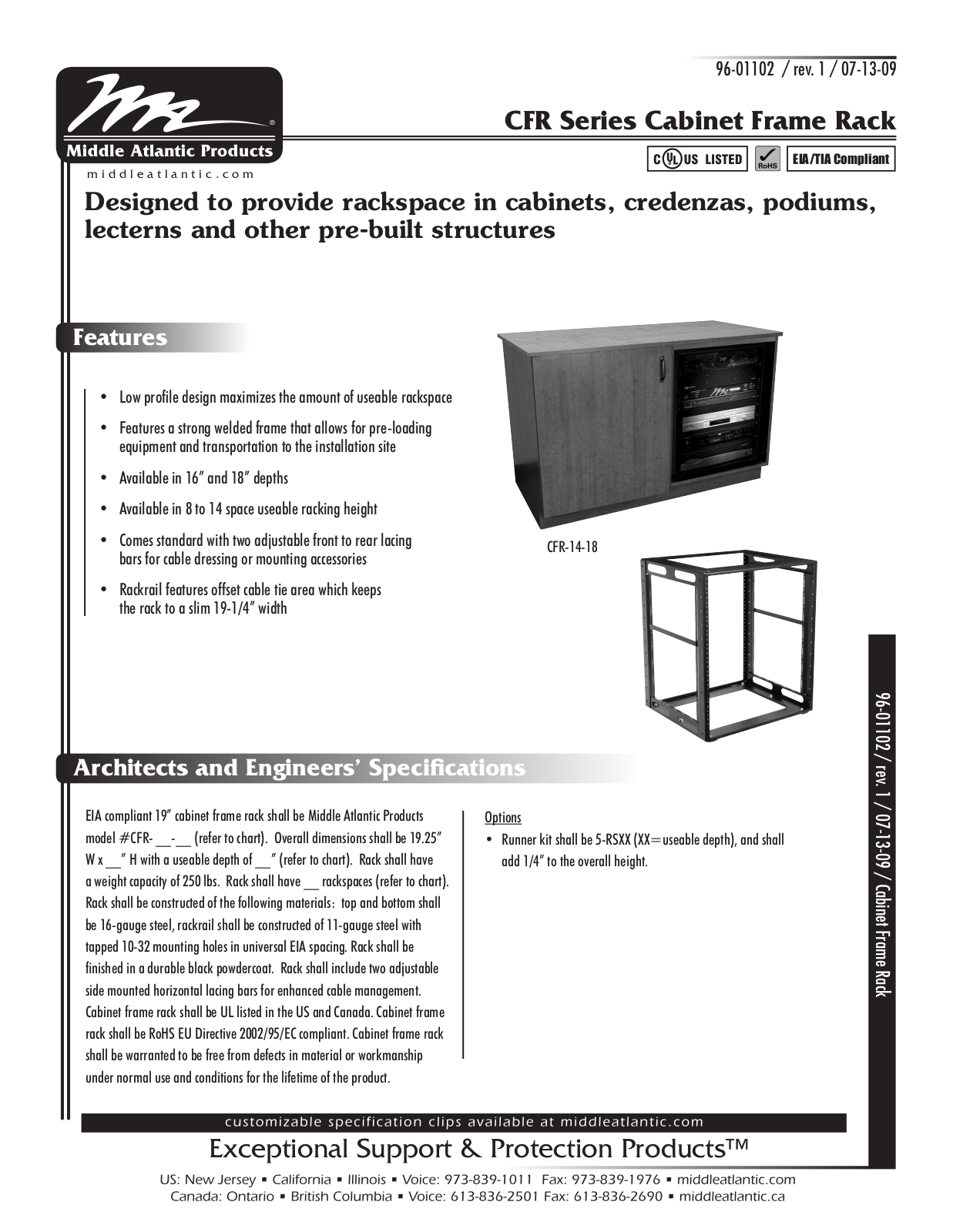 Middle Atlantic CFR-10-16, CFR-10-18, CFR-11-16, CFR-11-18, CFR-12-16 Data Sheet