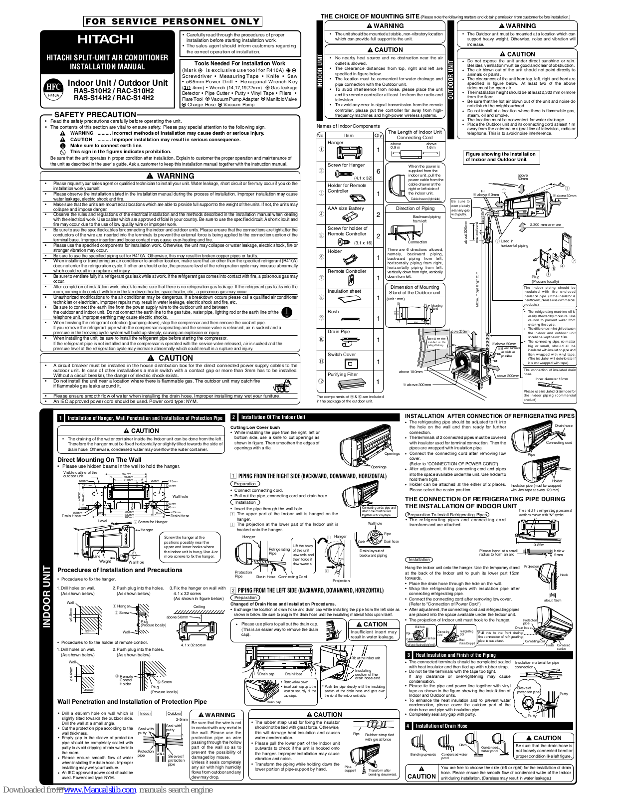 Hitachi RAS-S10H2, RAS-S14H2, RAC-S14H2, RAC-S10H2 Installation Manual