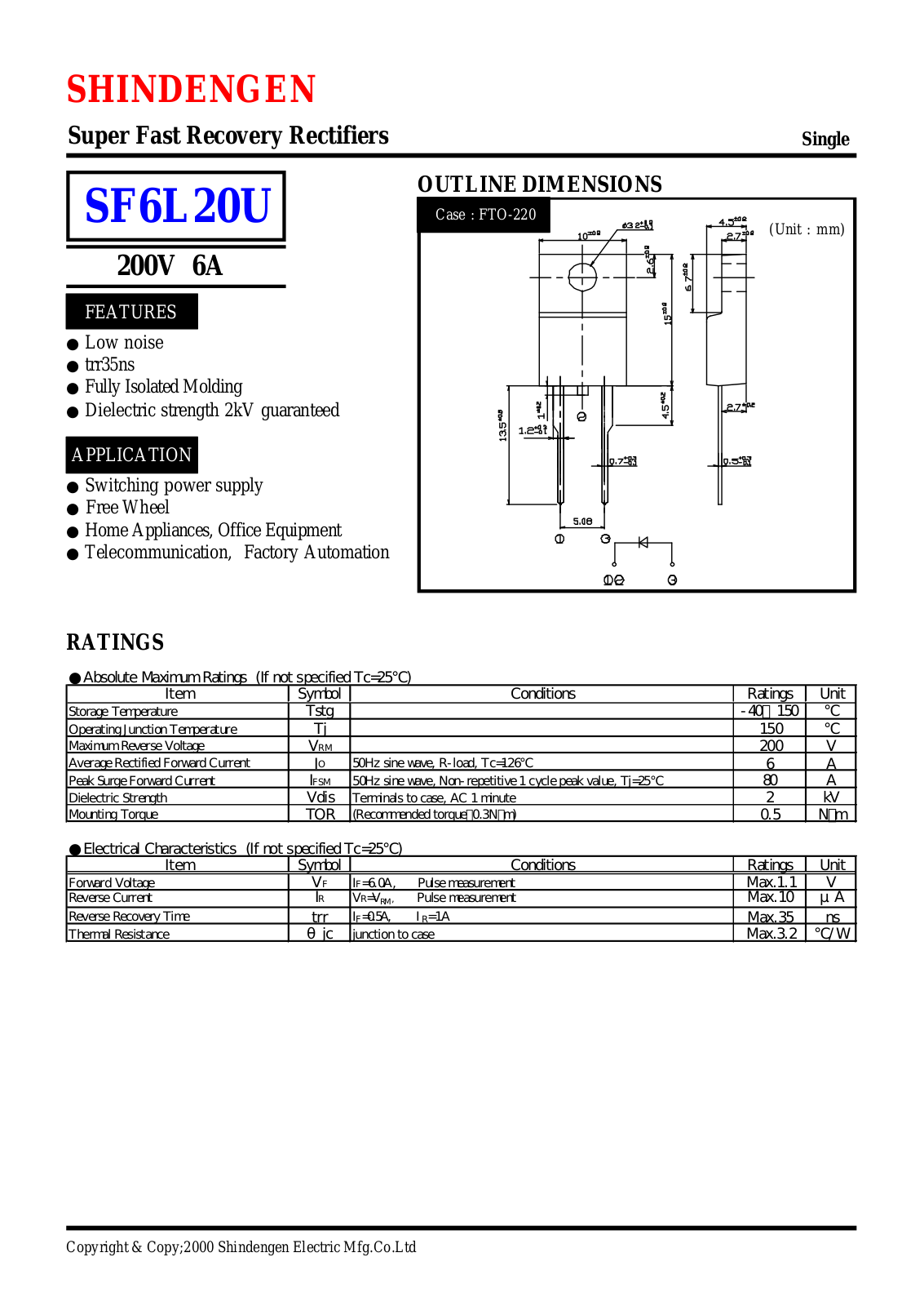 Shindengen Electric Manufacturing Company Ltd SF6L20U Datasheet