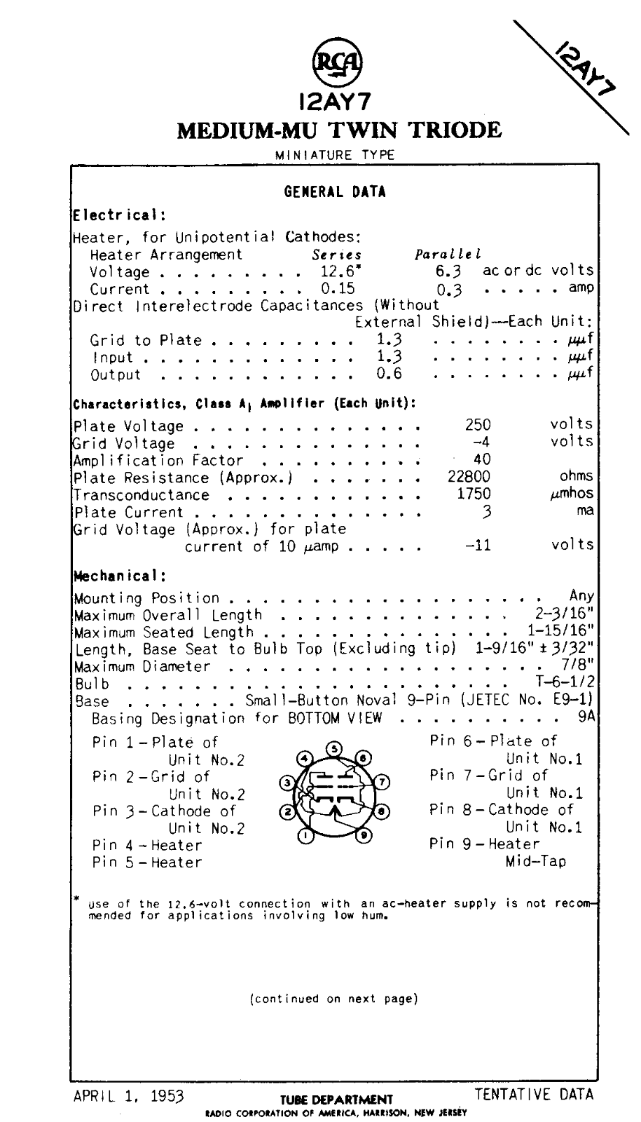 RCA 12ay7 DATASHEETS