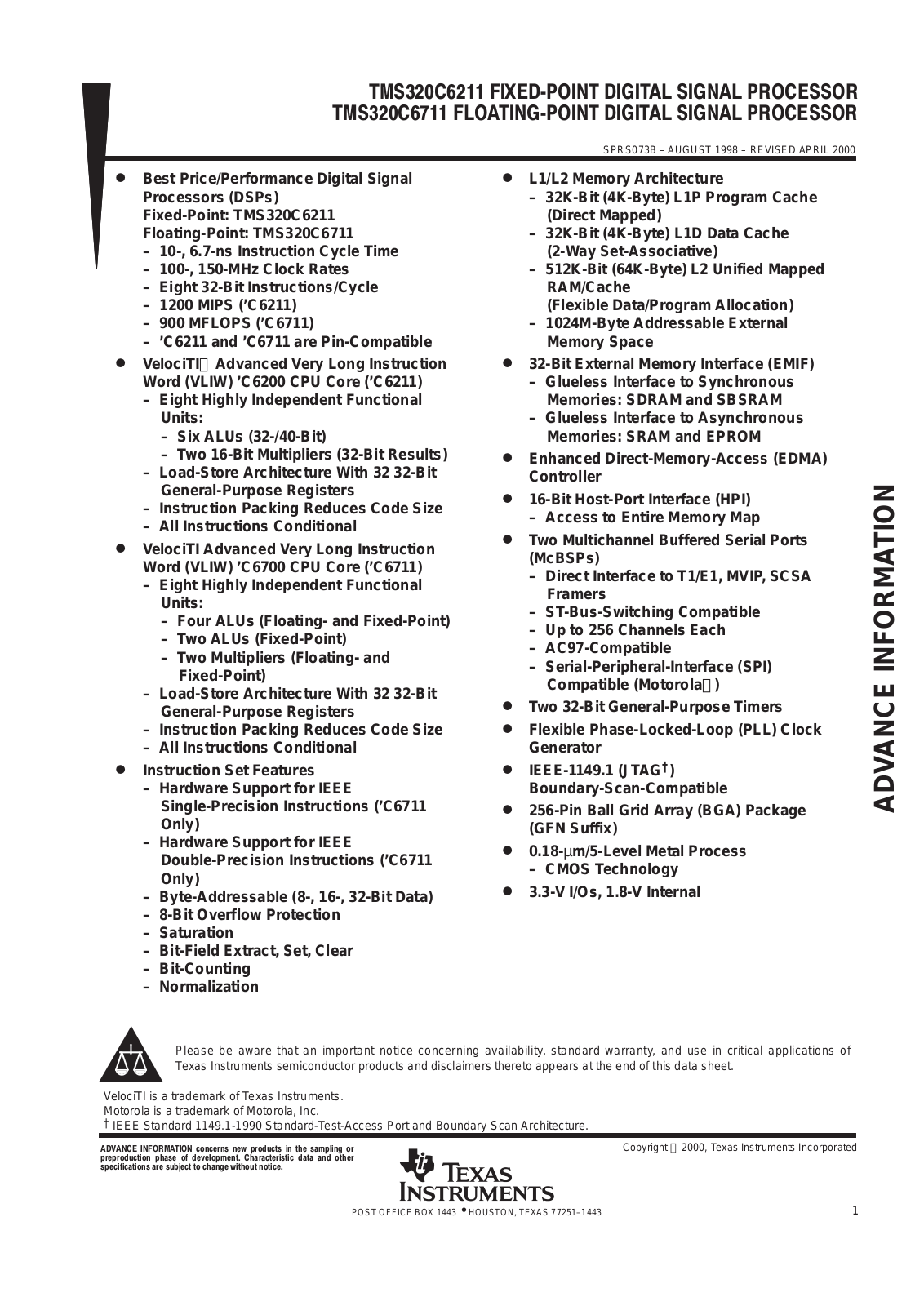 Texas Instruments TMX320C6711GFN, TMX320C6211GFN, TMS320C6711GFN Datasheet