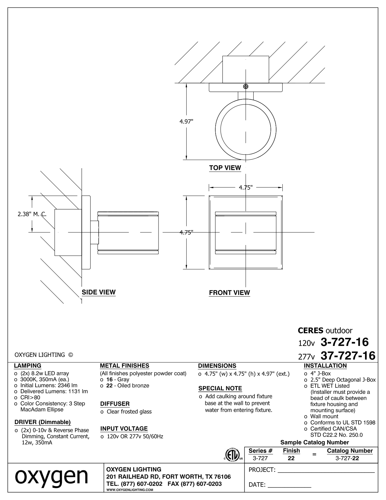 Oxygen Lighting OXGN1267 Specifications - ManualMachine.com