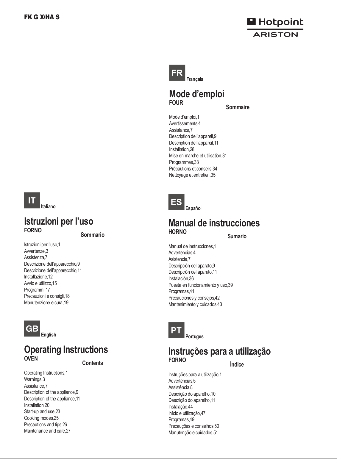 HOTPOINT/ARISTON FK G X/HA S User Manual