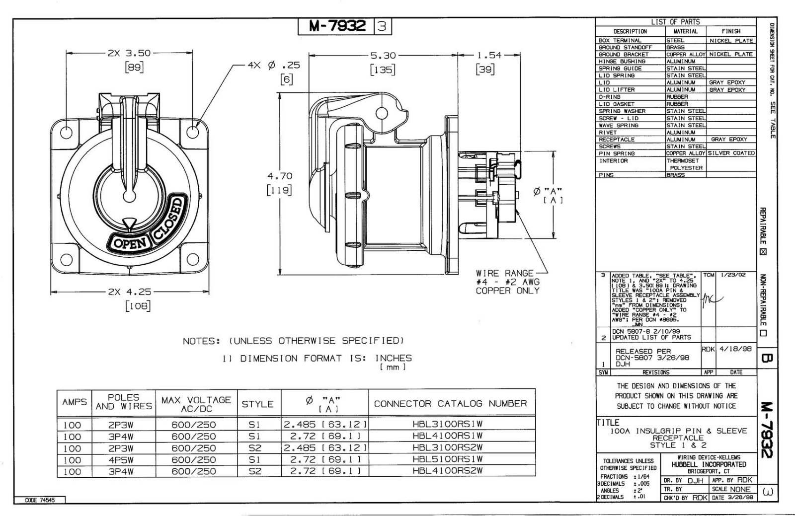 Hubbell HBL3100RS1W Reference Drawing