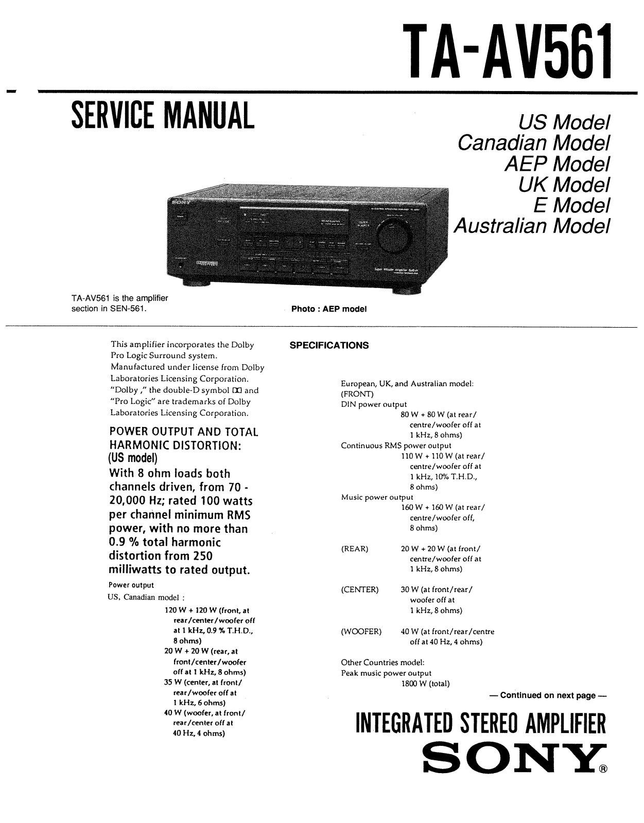 Sony TAAV-561 Service manual