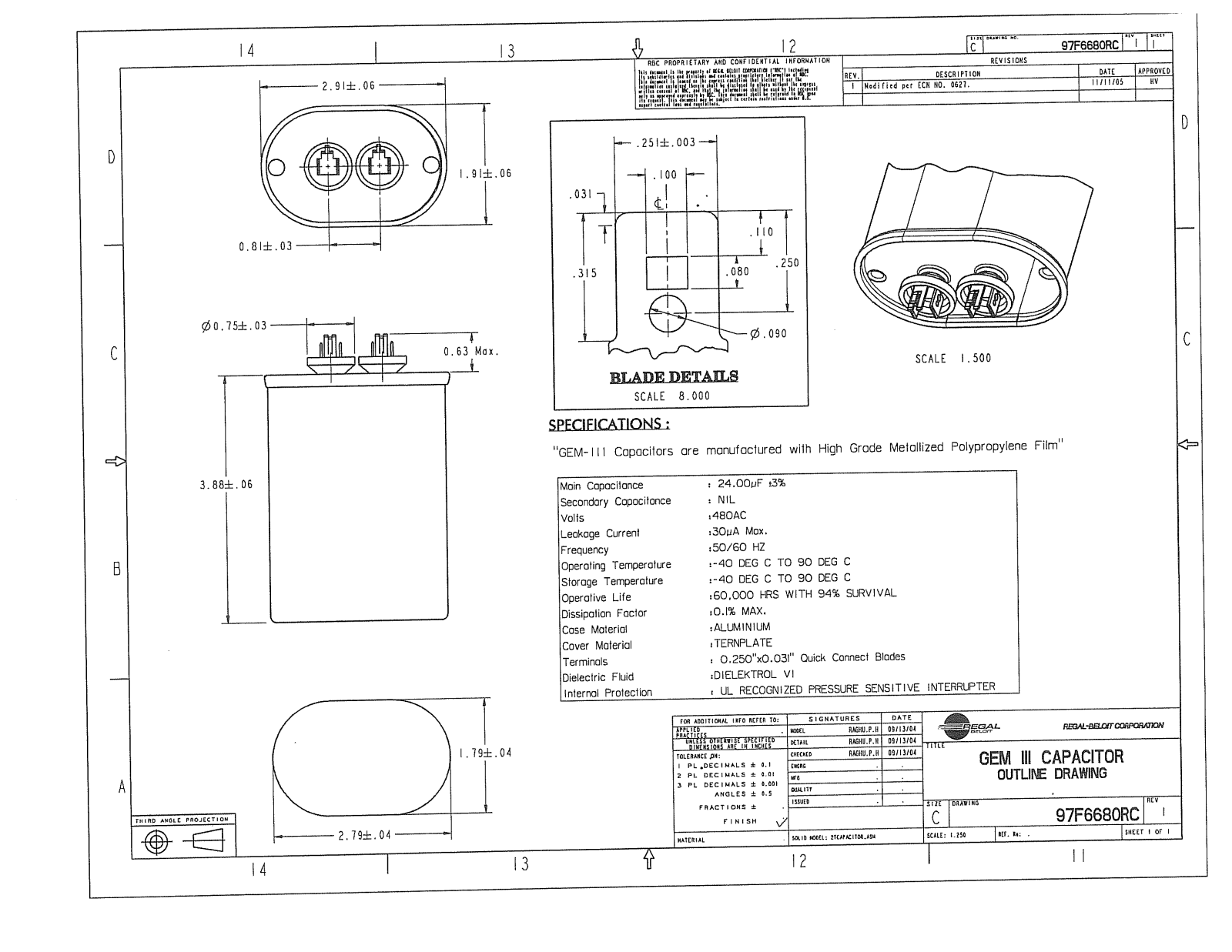 GE Capacitor 97F6680RC Dimensional Sheet