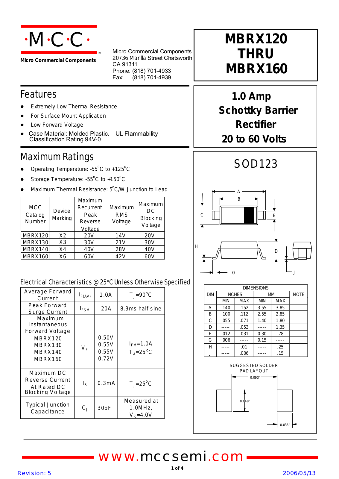 Micro Commercial Components MBRX120, MBRX160 Technical data