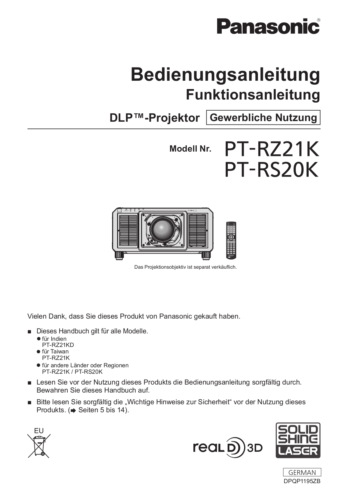 Panasonic PT-RZ21K operation manual