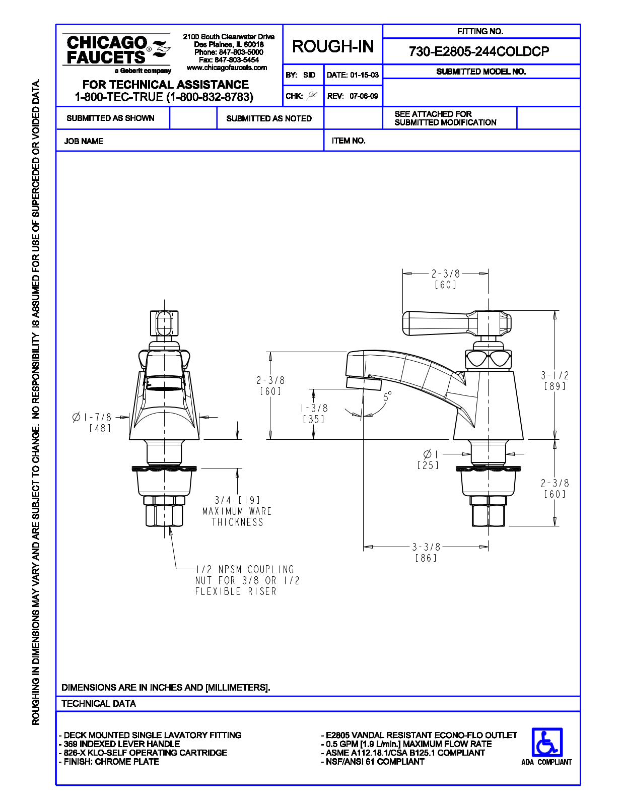 Chicago Faucet 730-E2805-244COLD User Manual