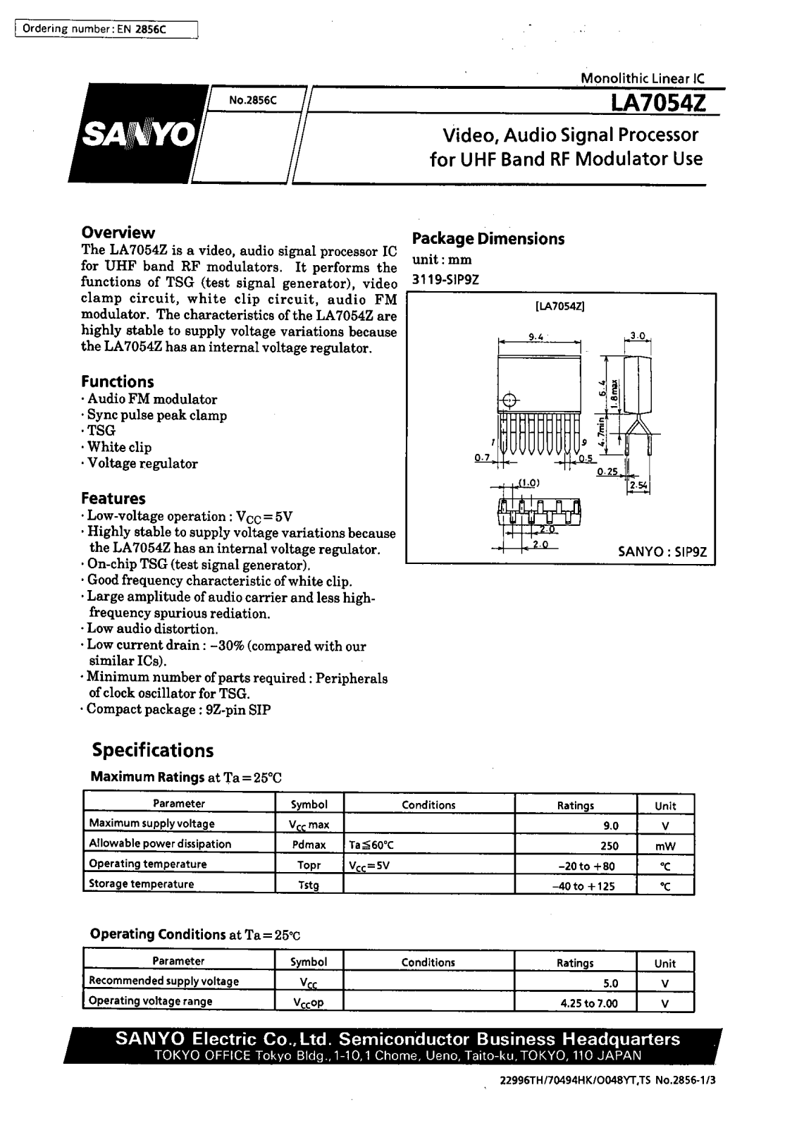 SANYO LA7054Z, LA2220, LA2110, LA2010, LA7016 Datasheet