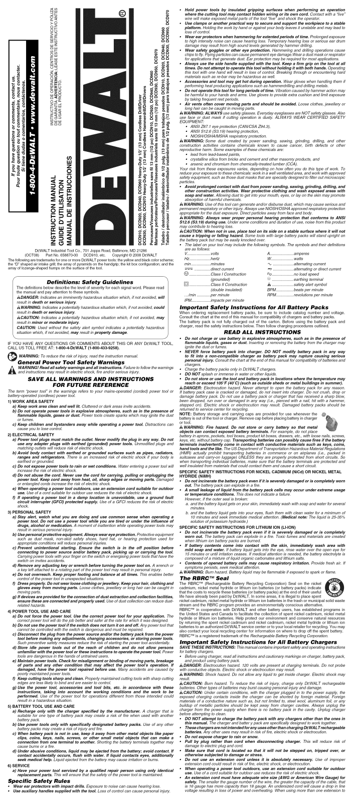 DeWalt DCD920KX TYPE1, DCD940KX TYPE 1, DCD950KX TYPE1 Owner’s Manual