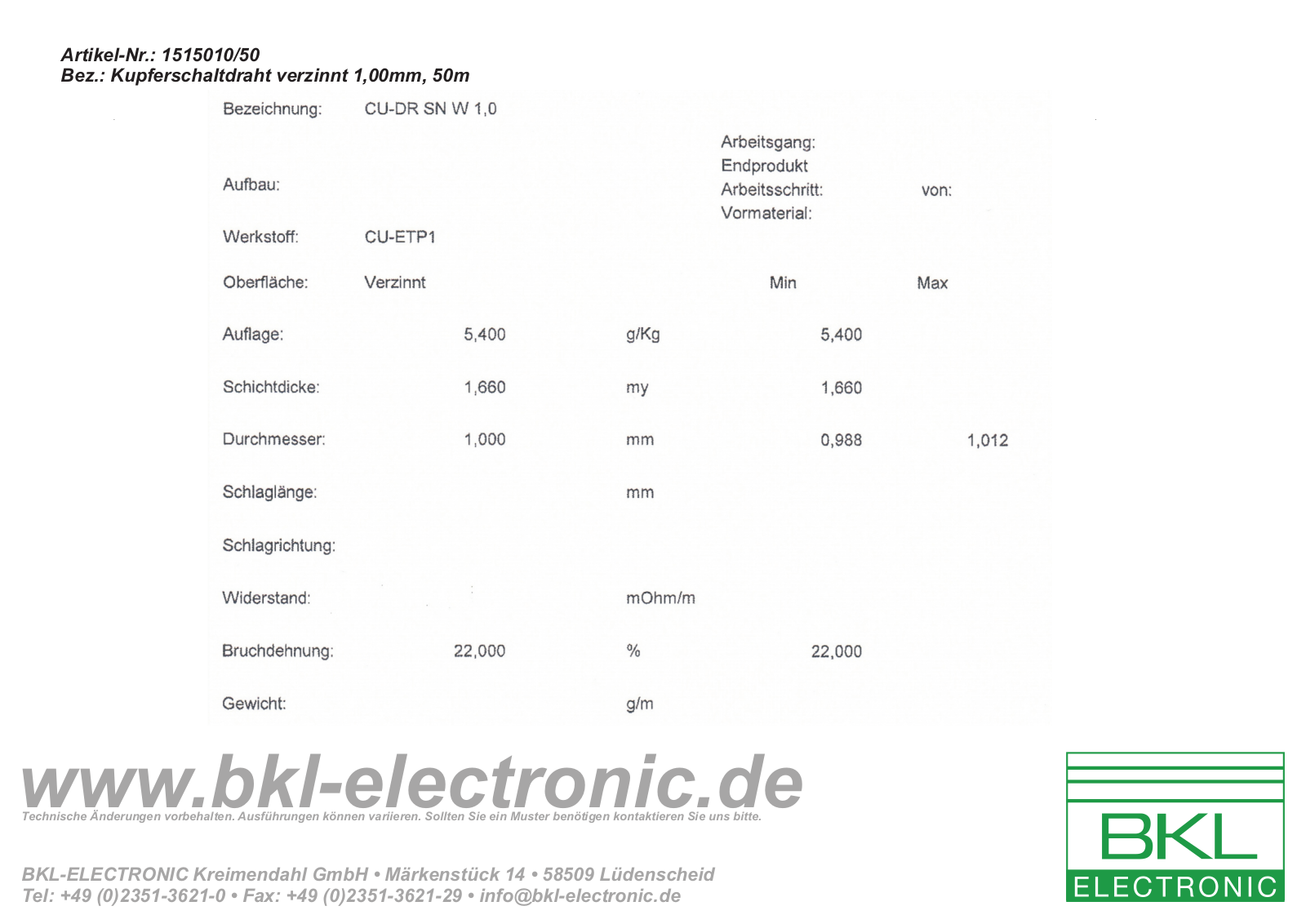 BKL ZINN 1,00-50M Datasheet - ManualMachine.com