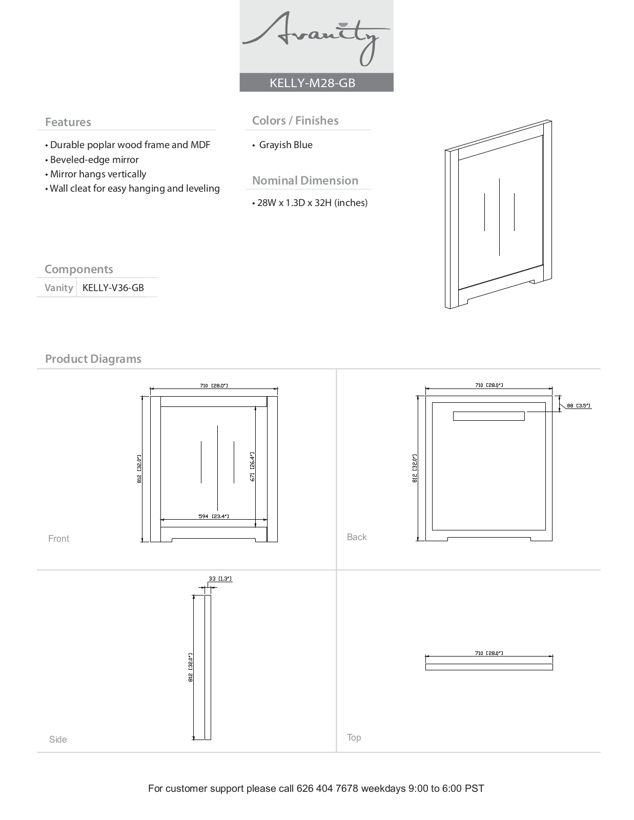 Avanity KELLYM28GB Specifications