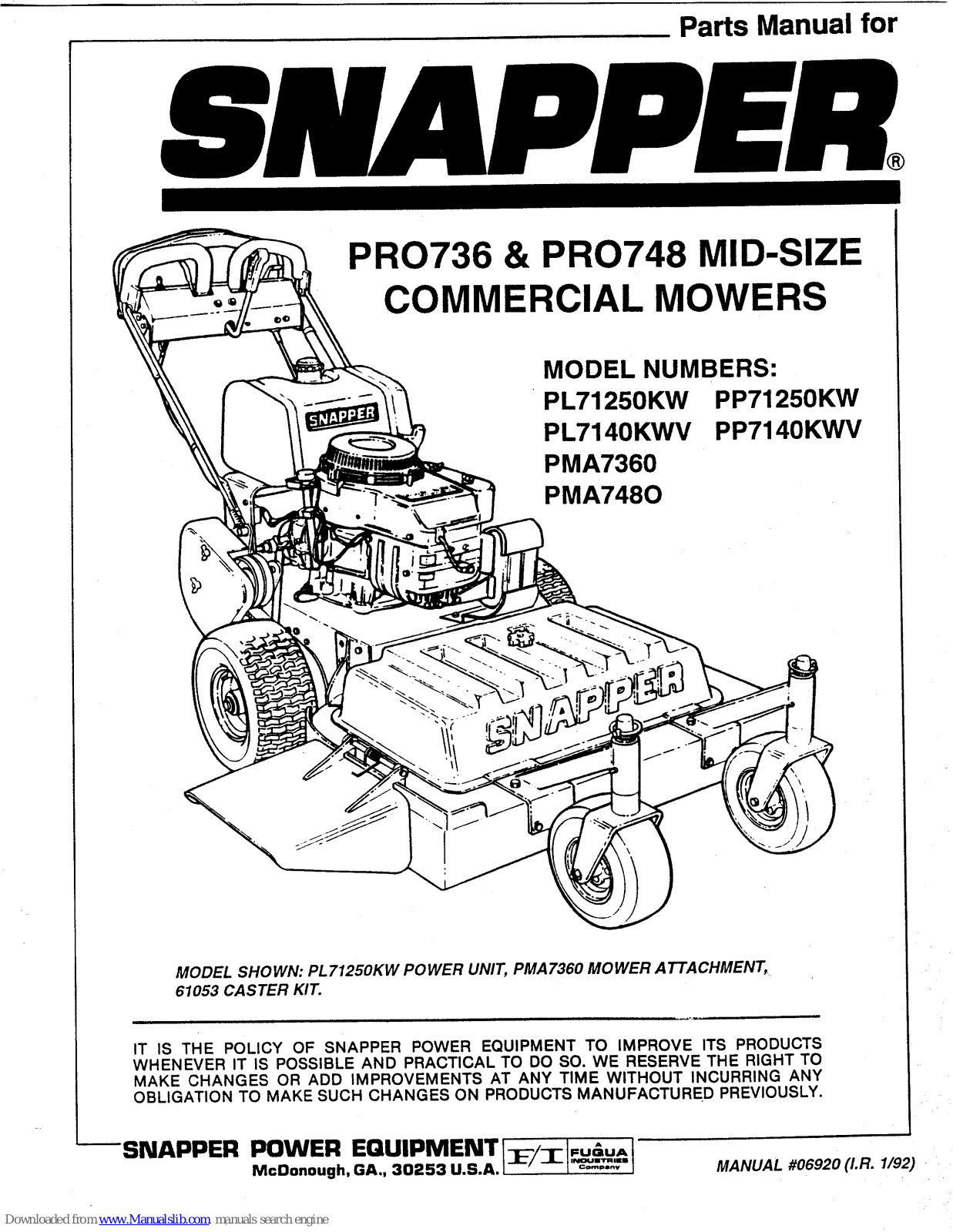 Snapper PL71250KW,PL7140KWV,PMA7360,PMA7480,PP712502KW,PP7140KWV Parts Manual