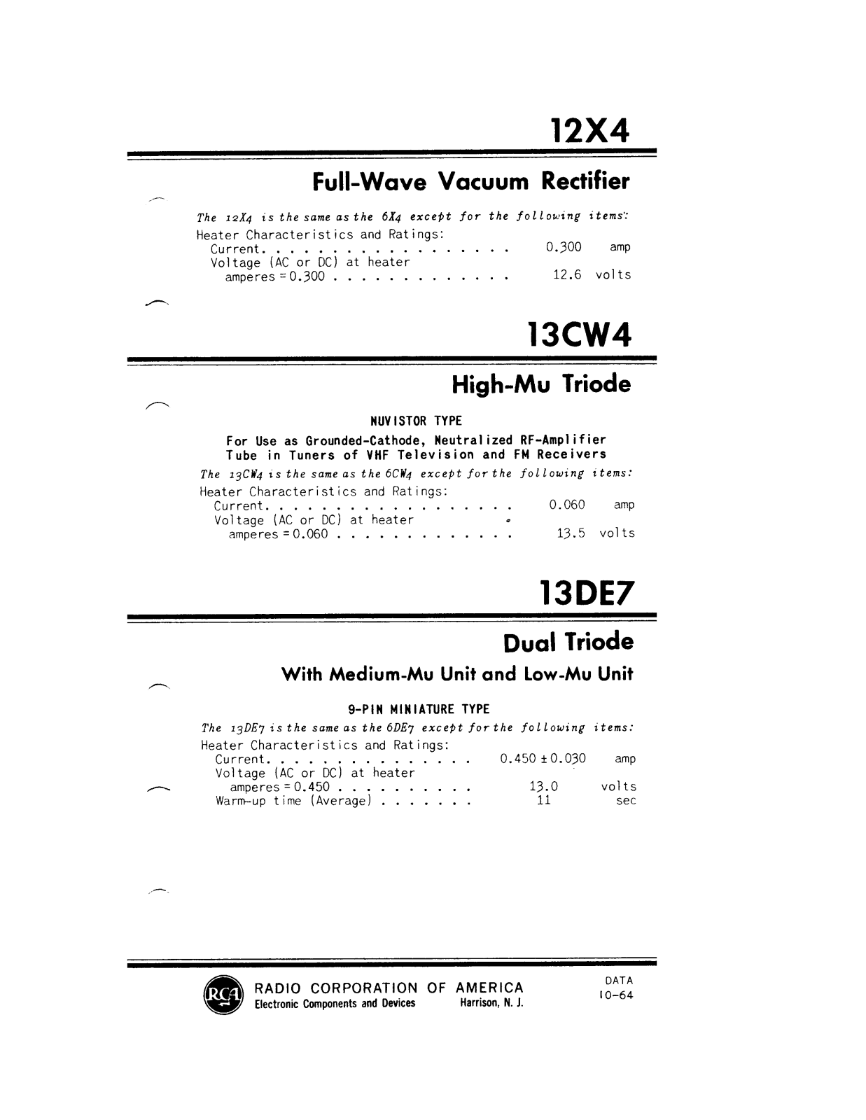 Philips 13cw4, rca1964 DATASHEETS