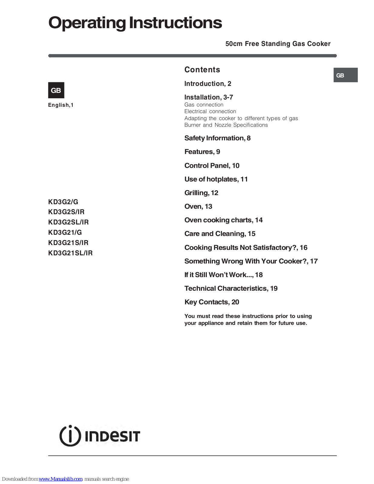 Indesit KD3G2, KD3G2G, KD3G2S, KD3G2SIR, KD3G2SL Operating Instructions Manual