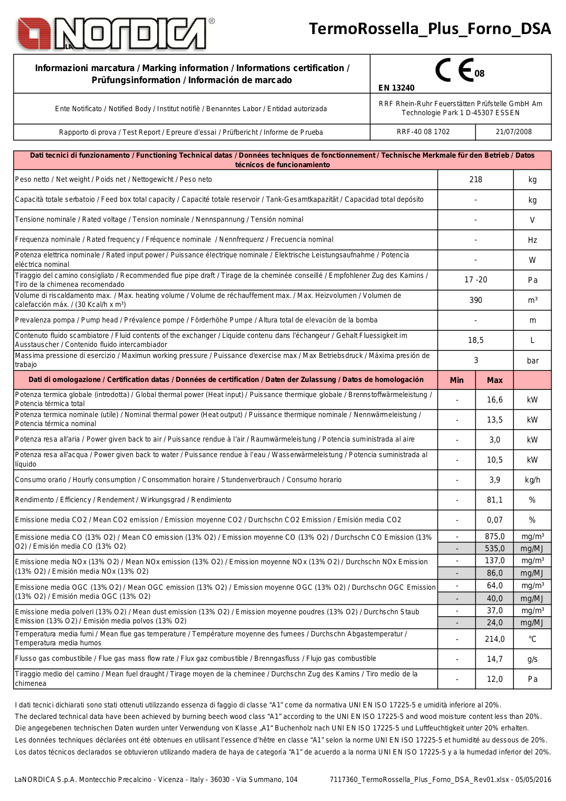 La Nordica Nordica TERMOROSSELLA Plus Forno DSA Datasheet