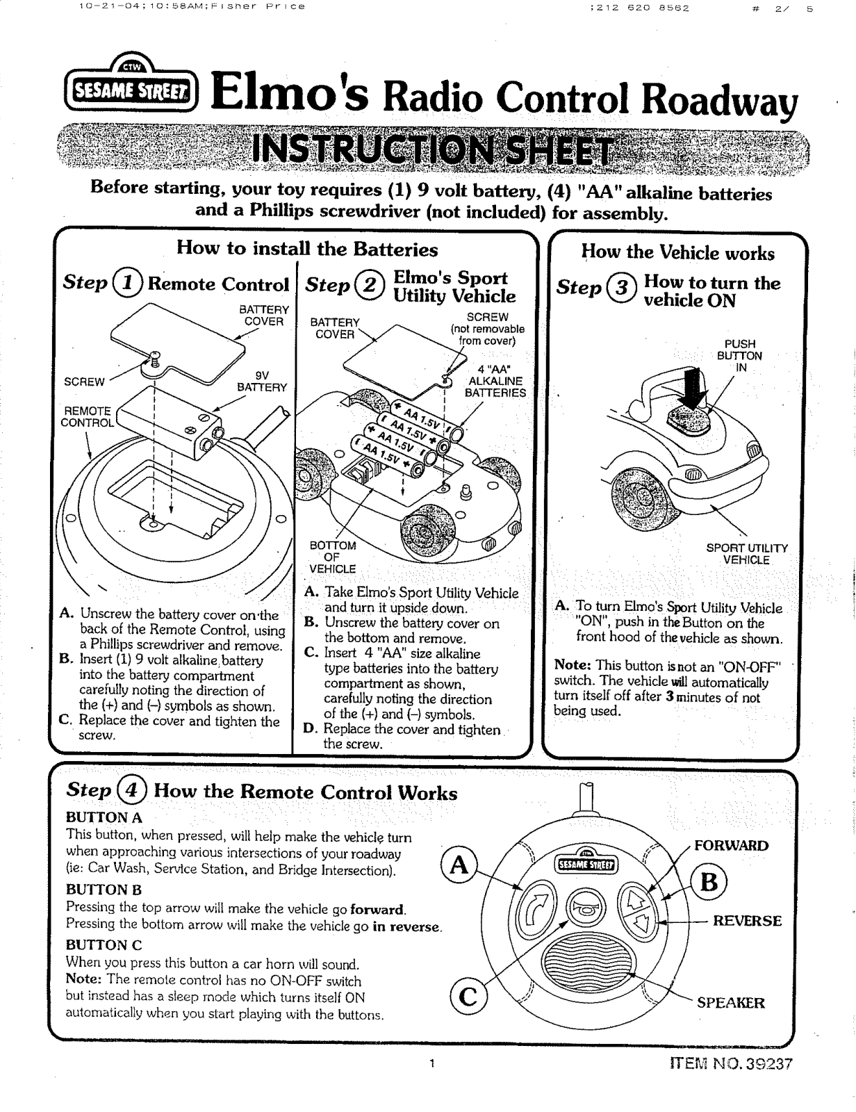 Fisher-Price 39237 Instruction Sheet