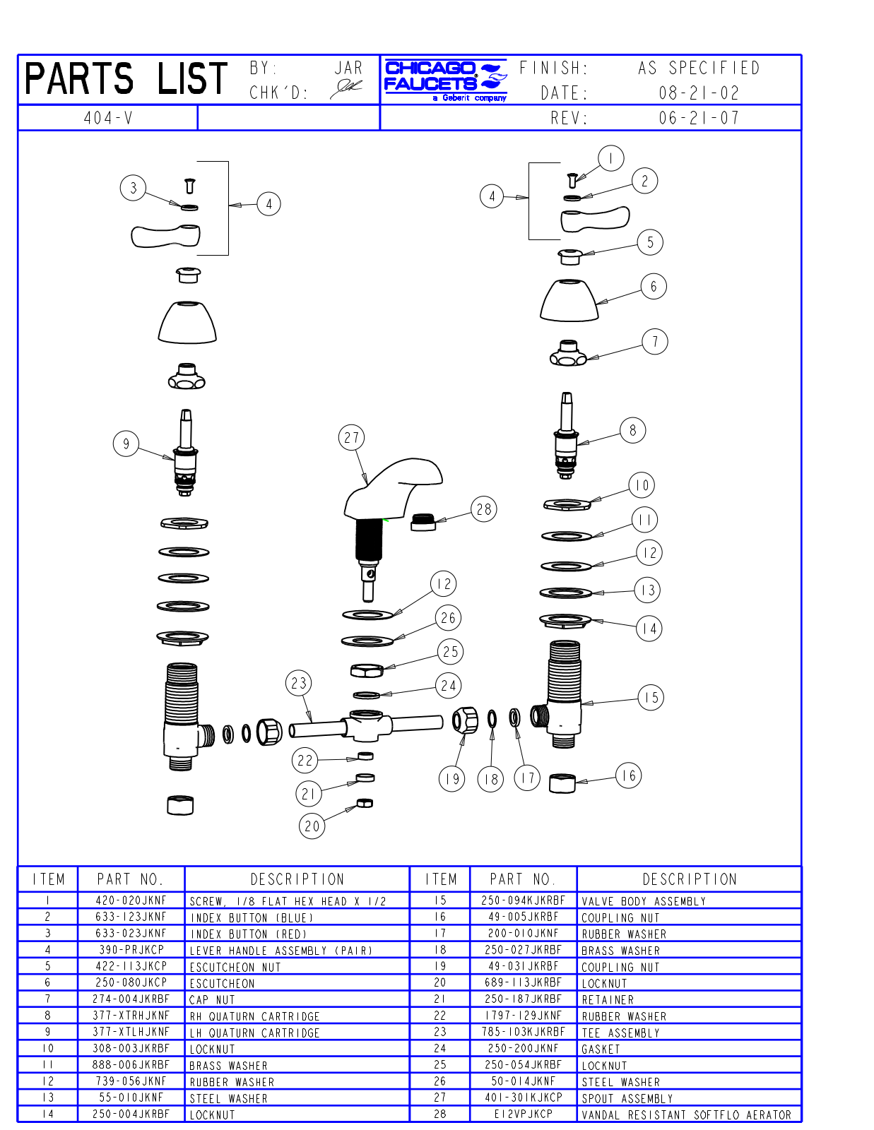 Chicago Faucet 404-VCP Parts List