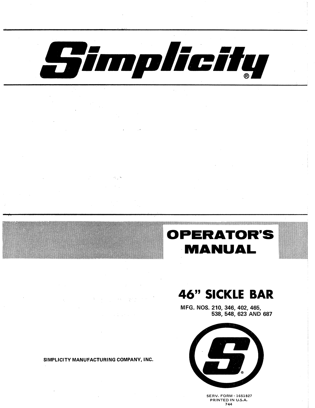 Simplicity 210, 402, 465, 346 User Manual