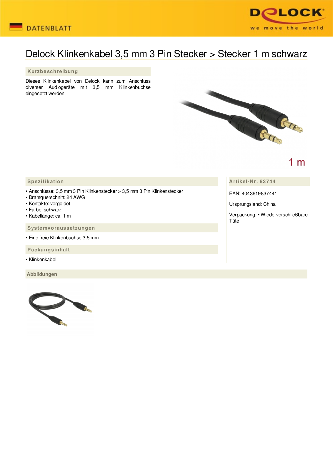 DeLOCK kabel jack 3-Pin stereo, 3.5mm wtyczka na 3.5mm wtyczka, czarny, 1.0m Technical data